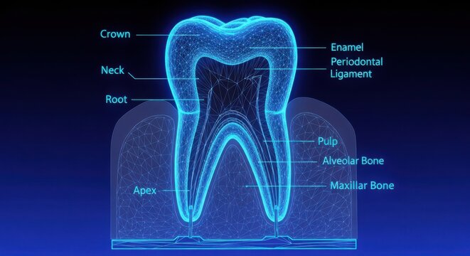 Anatomy of a human tooth diagram showing parts in a medical style illustration