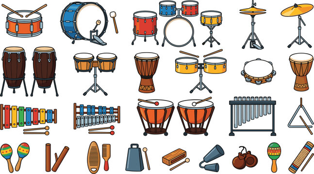 Percussion instruments vector illustration mega set with drums congas xylophone cymbals and hand percussion items isolated on white background