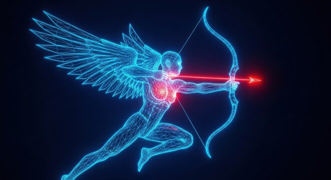 Digital glowing cupid with wings aiming a bow and arrow illustration