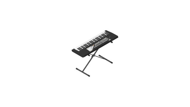 Electronic keyboard on black stand with music rest, isolated on white background