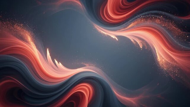 Flowing coral light ribbons in a smooth abstract style on a dark blue background, evoking motion, energy, and modern technology