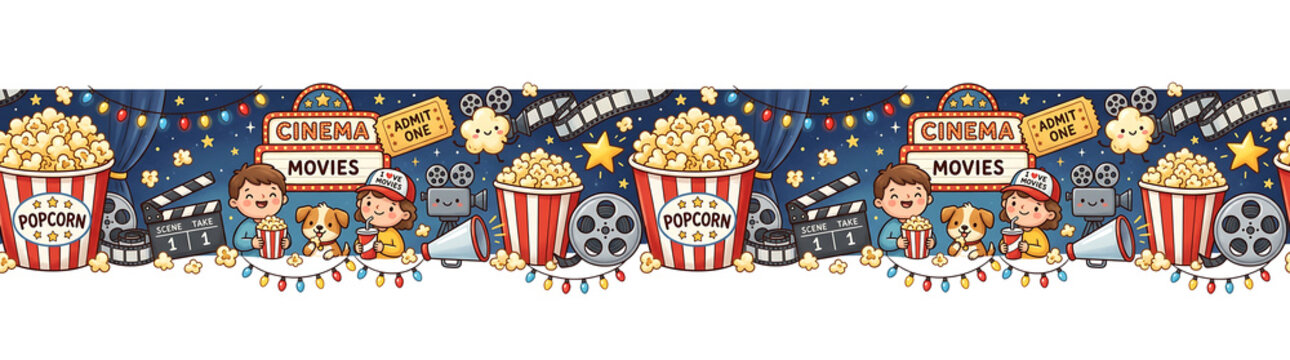 Cute cartoon cinema movie night border with popcorn. film reel. tickets. children and dog
