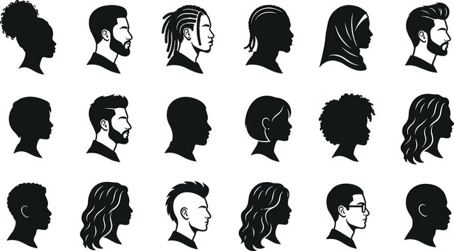Diverse People Profile Avatar Silhouette Vector Set with Men and Women Showing Different Trendy Haircuts Hijab and Braids for Corporate Team User Icons