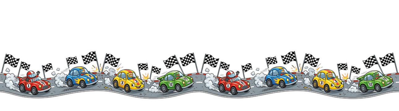 Vibrant cartoon race cars with drivers and checkered flags in a thrilling competition on a track.