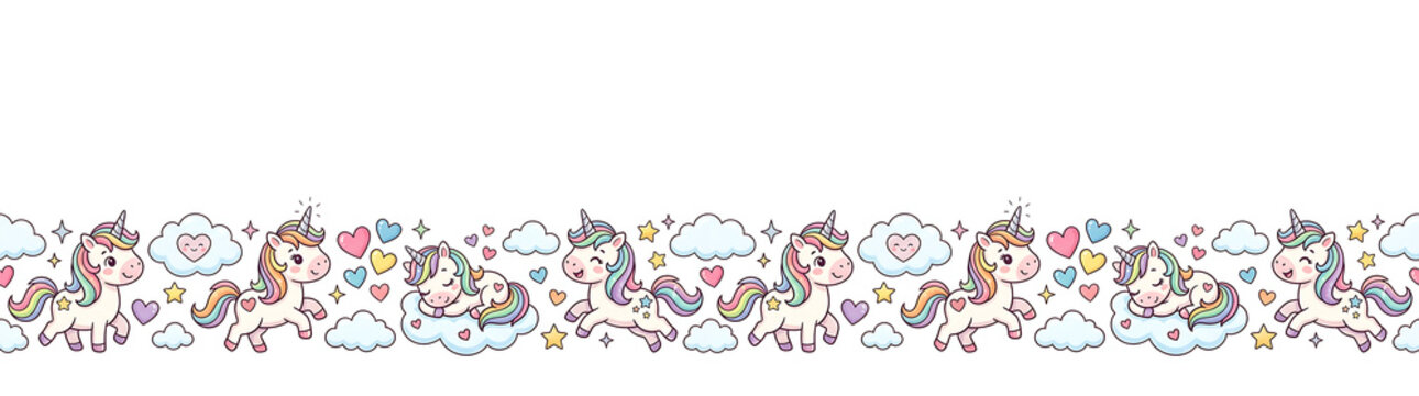 Adorable cartoon unicorns with rainbow manes. dancing among clouds. stars. and hearts on a white b