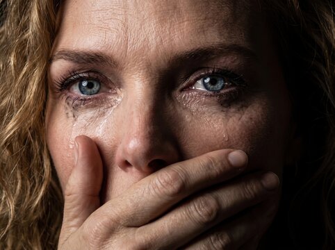 Crying woman. Deep grief and pain. Silent sorrow.