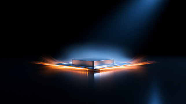 A sleek modern pedestal illuminated with bright blue spotlight and glowing orange light streaks in dark studio, perfect product display setup