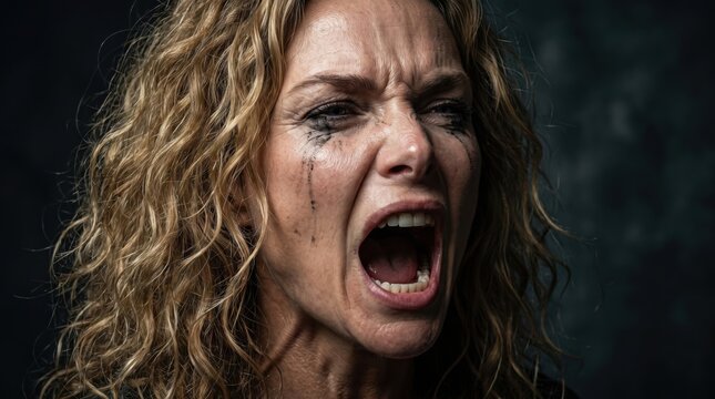 Screaming woman. Rage and despair. Pain and frustration.