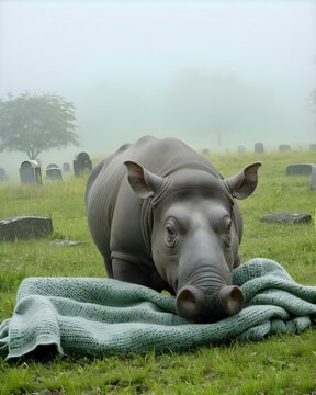 A glimmer  babirusa pig hybrid fictional species, digitally created animal,  in a fog choked grave meadow