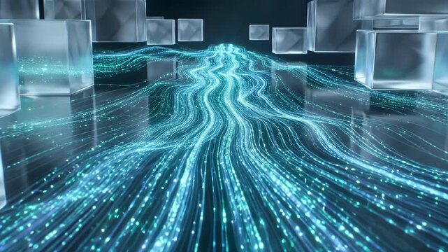 Luminous cyan data streams flow across dark abstract space with translucent blocks, suggesting digital networks and ideas
