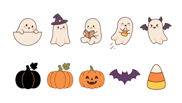 Set of cute Halloween elements, including ghosts, pumpkins, bat and candy corn