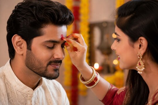 Applying Red Tilak Tika on Brother's Forehead During Bhai Dooj Festival Celebration , Sister Applying Tilak to Brother on Bhai Dooj, Raksha Bandhan, or Diwali Festival Ritual
