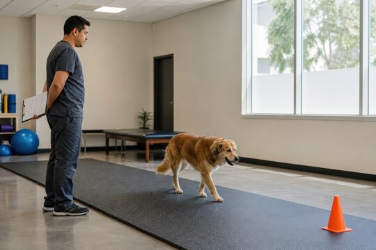 Veterinary Rehabilitation Therapist Observing Dog Gait Assessment Nonslip Lane