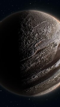 Detailed view of Pluto with its rugged cratered surface partially illuminated against a dark starfield, depicting the distant dwarf planet in deep space.
