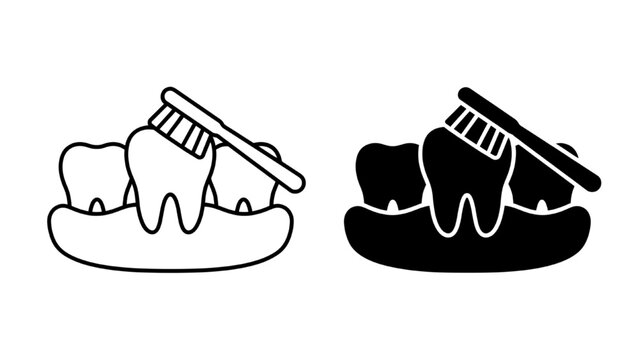 Dental hygiene illustration depicting brushing teeth with a toothbrush. Two variations, one in outline and one in silhouette, show a toothbrush cleaning a molar.