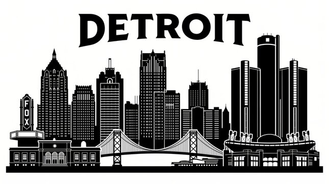 Highly detailed Detroit, Michigan skyline silhouette featuring the Renaissance Center, Guardian Building, Fisher Building, Penobscot Building, Ambassador Bridge, Detroit River