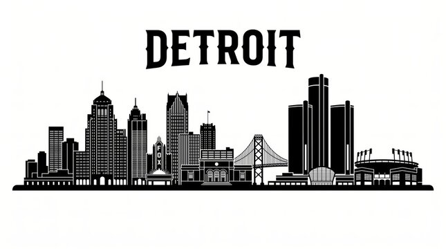 Highly detailed Detroit, Michigan skyline silhouette featuring the Renaissance Center, Guardian Building, Fisher Building, Penobscot Building, Ambassador Bridge, Detroit River