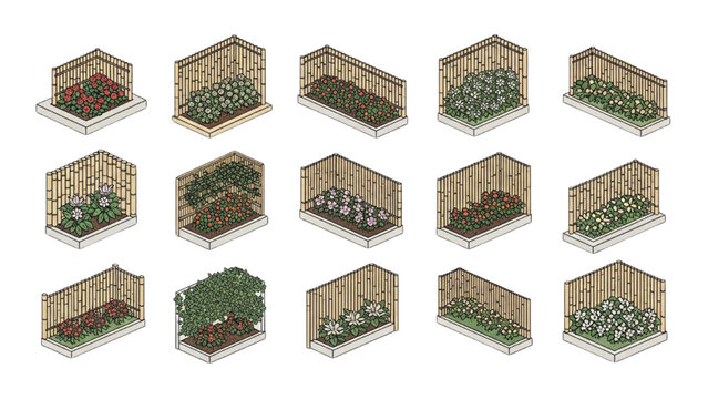 A collection of isometric illustrations depicting various garden beds with different plants and stages of growth