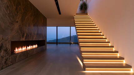 Fototapeta premium Luxurious modern living room interior featuring an illuminated staircase with warm LED lights, a sleek marble fireplace, and large glass win
