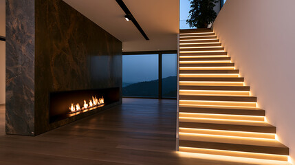 Fototapeta premium Modern luxury interior featuring a sleek fireplace and illuminated staircase with warm LED lights in a spacious contemporary living room