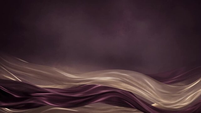 Flowing burgundy and champagne waves in a glossy abstract style on dark plum background, suggesting luxury, motion, and elegance