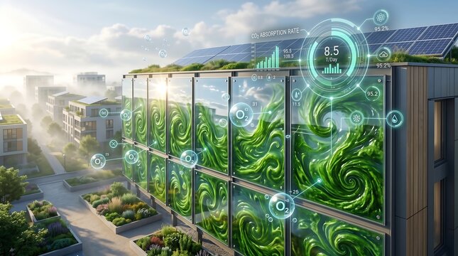 Futuristic smart green building facade with microalgae bioreactor panels solar roof and eco energy telemetry hologram sustainable urban architecture concept