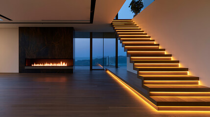 Fototapeta premium Luxury modern interior living room with glowing staircase steps, minimalist architecture, warm fireplace, elegant evening home design style