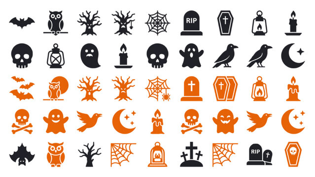 A collection of Halloween-themed icons including bats, owls, trees, cobwebs, tombstones, coffins, lanterns, skulls, ghosts, crows, and moons