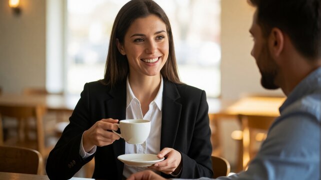 Businesswoman Smiling and Drinking Coffee During a Meeting in a Cafe