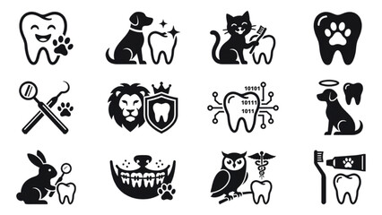 Obraz premium A collage of vector icons representing dental hygiene for animals, including happy teeth, dogs, cats, lions, rabbits, owls, and dental tools