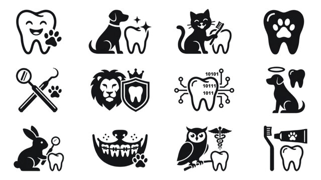 A collage of vector icons representing dental hygiene for animals, including happy teeth, dogs, cats, lions, rabbits, owls, and dental tools