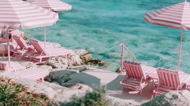 Summer hot vibe lifestyle. A vivid portrayal of a serene beach scene. The main subject is a row of pink and white striped beach chairs and umbrellas, situated on a rocky shoreline.