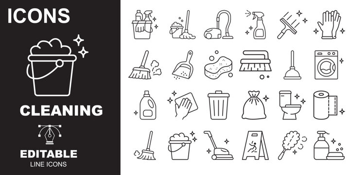 Editable cleaning service line icons set with hygiene tools housekeeping sanitation symbols.