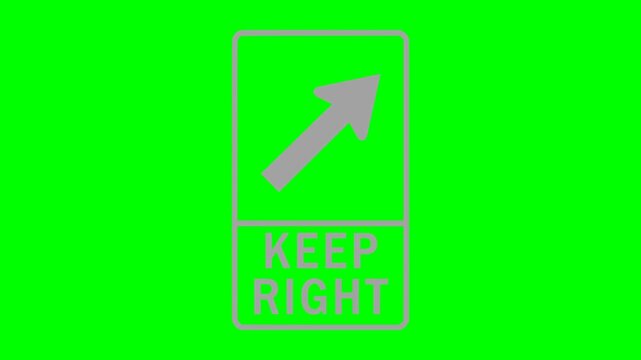 traffic sign animation with arrow indicating to keep right. Features a blinking white light effect on a green screen background for easy keying and editing. Perfect for road safety projects, motion gr