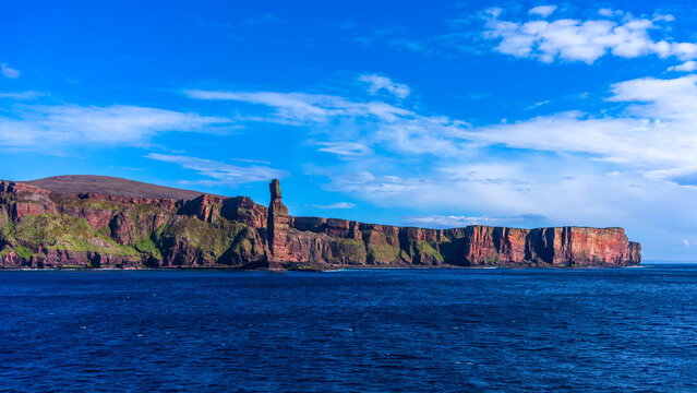 Old Man of Hoy, a famous 137-metre red sandstone sea stack located off the west coast of Hoy in the Orkney archipelago, Scotland