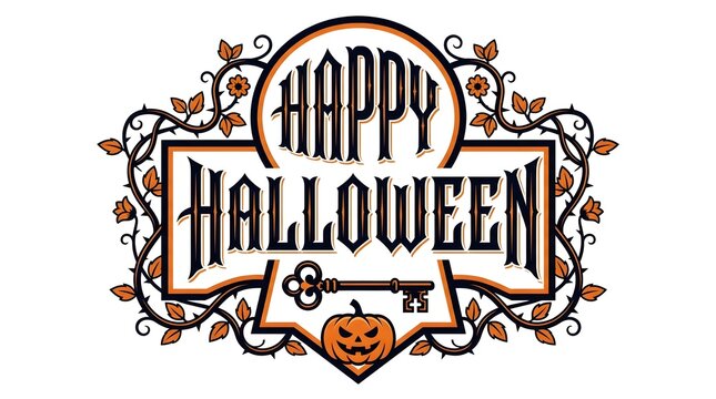 Vintage style happy halloween lettering with ornate frame and pumpkin details for festive designs