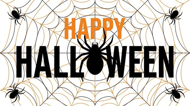 Happy halloween greeting card design with a large black spider and intricate spider webs on white background