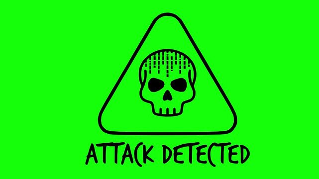 animated cyber security warning sign featuring a skull inside a triangle and attack detected text with line boil effect on green screen chroma key background
