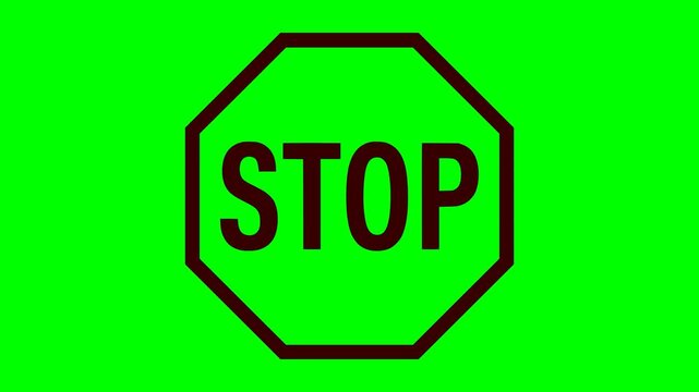 stop sign animation featuring a thick black outline, warning text, and a blinking red light effect over a green screen chroma key background