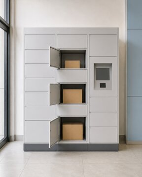 Modern package delivery locker system with multiple compartments and open doors displaying cardboard boxes inside a contemporary indoor setting