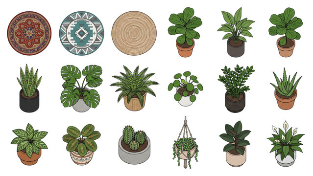 A collection of potted houseplants and decorative rugs, showcasing a variety of greenery and bohemian-style accents. The arrangement includes different plant species and patterned floor coverings