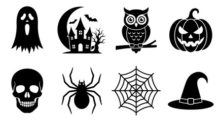 Fototapeta premium Halloween Silhouette Icons Set of Ghost Pumpkin Skull and Spooky Symbols