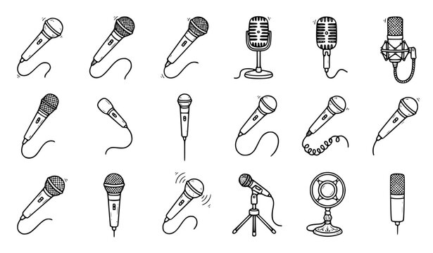 Karaoke microphone hand sketch and doodle style wired vector icon collection