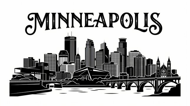 Highly detailed Minneapolis, Minnesota skyline silhouette featuring IDS Center, Foshay Tower, Stone Arch Bridge, Guthrie Theater-inspired architecture, Mississippi River