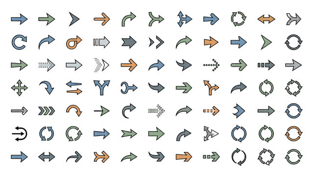 A collection of various arrows in different styles and colors. The arrows are arranged in a grid formation on a plain background