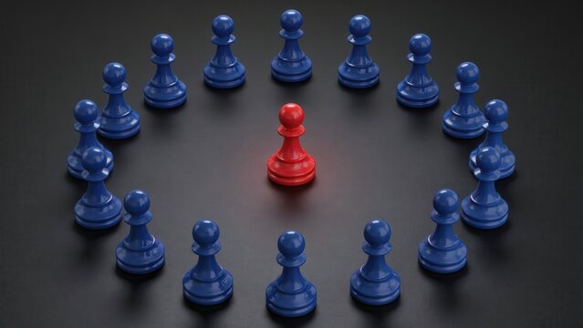 A single red chess pawn standing out among many blue pawns arranged in a circle. Concept of leadership, business competition, and unique thinking.