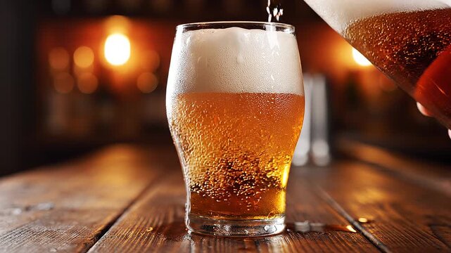 Cinematic macro slow motion of cold craft beer being poured from bottle into frosty glass on wooden table. Luxury amber drink with foam, footage.