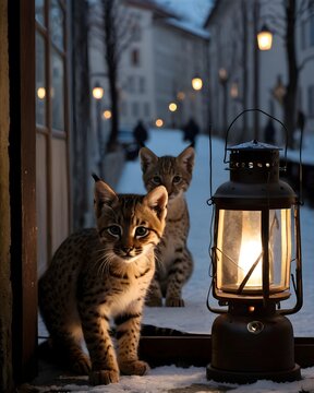 A  Balkan lynx  genetic hybrid experiment fantasy animal, fictional species kitten in a winter steet.