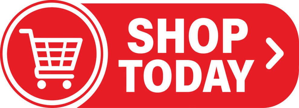 Red shop today button with shopping cart icon for ecommerce website and online retail marketing.