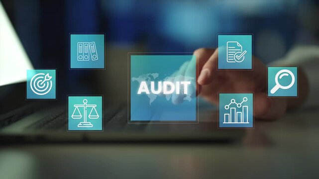 Business audit concept. virtual interface displaying audit, and compliance data analysis icons. Evaluation financial, standard certification